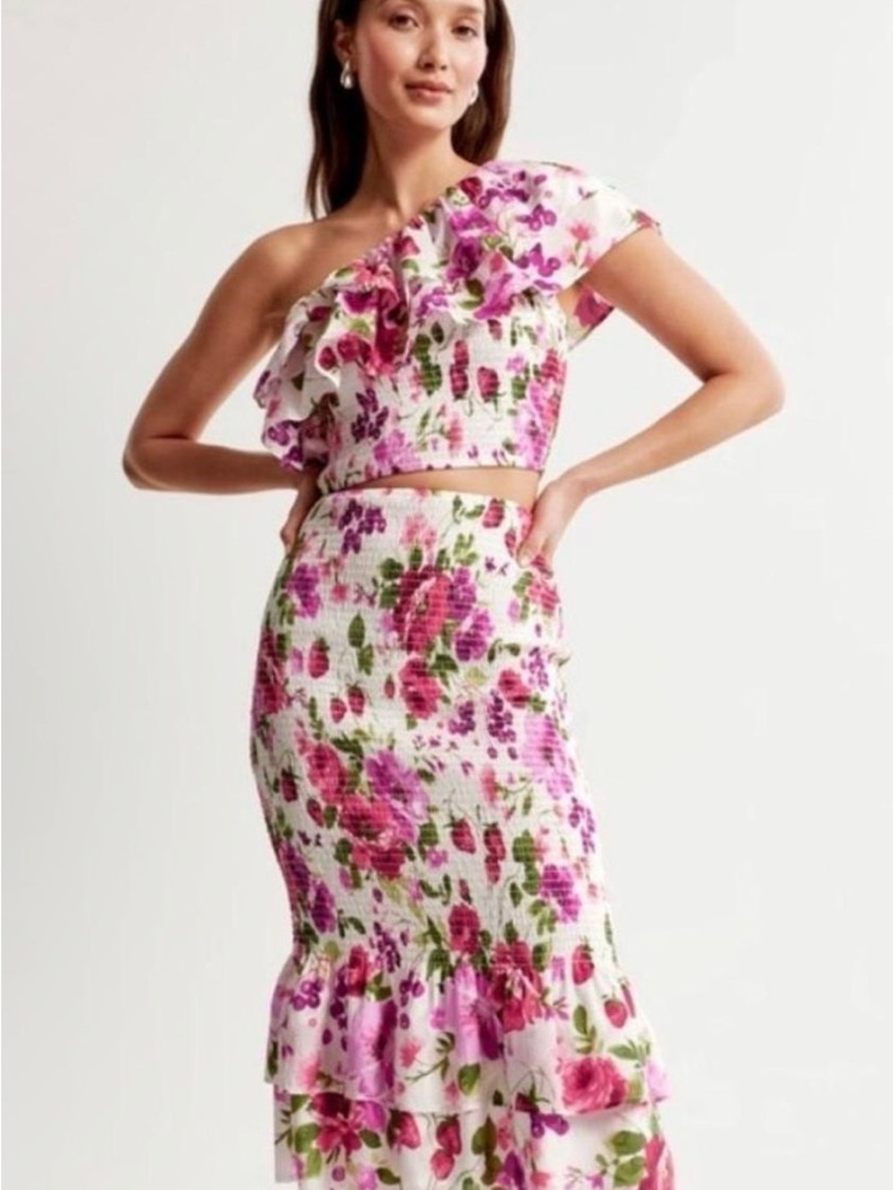 Abercrombie & Fitch White Midi Skirt with Pink & Red Floral Print
